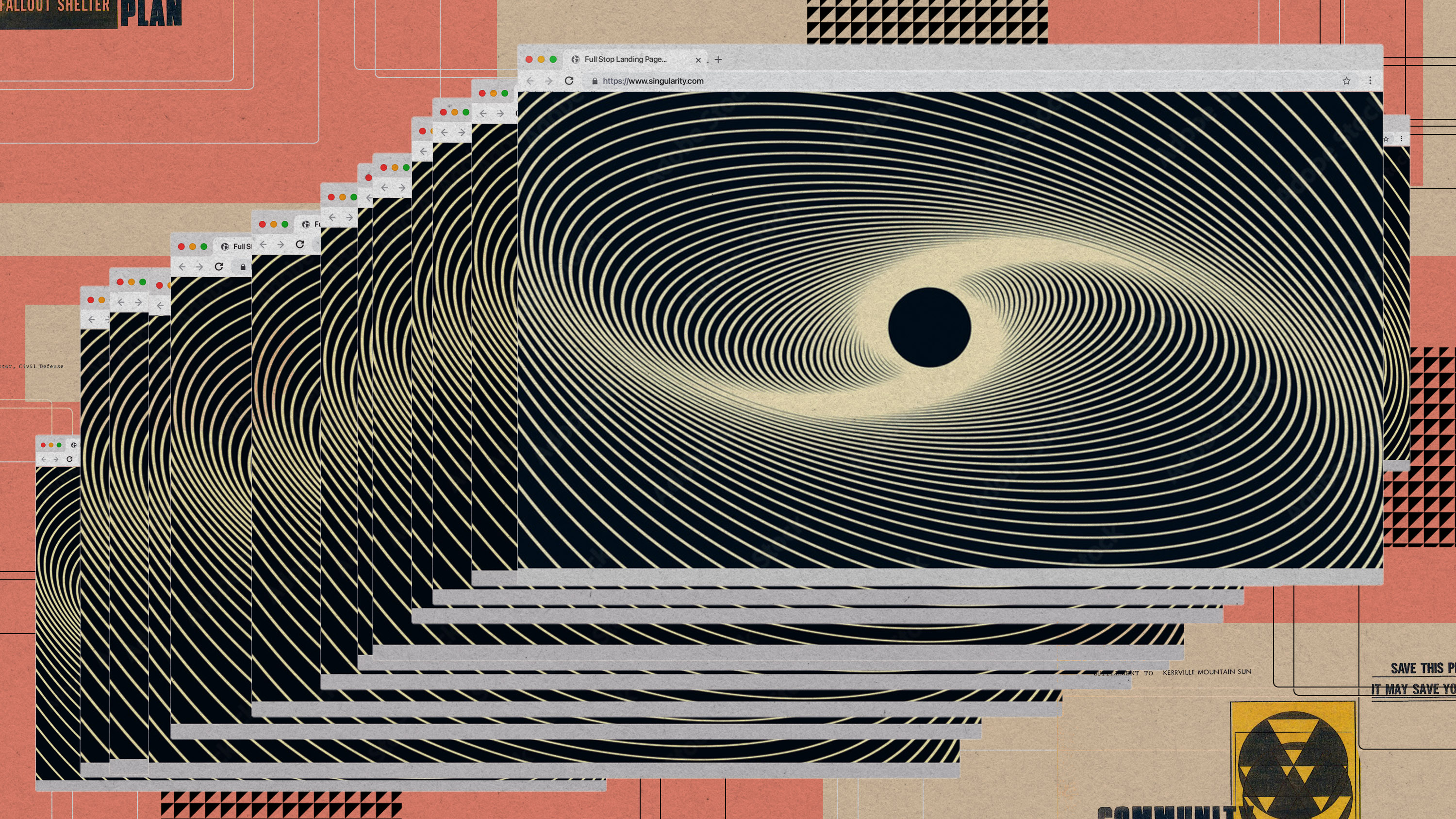 browser window with a vector black hole singularity glitching across the screen toward the right